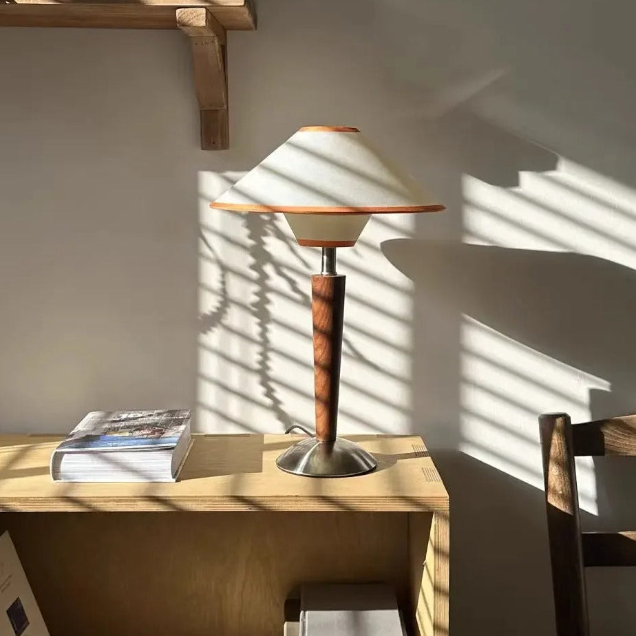 Kegelkap Tafellamp met Houten Voet Stof Scandinavisch Design Slaapkamer Woonkamer Leeslamp LED Verlichting | Sansoti