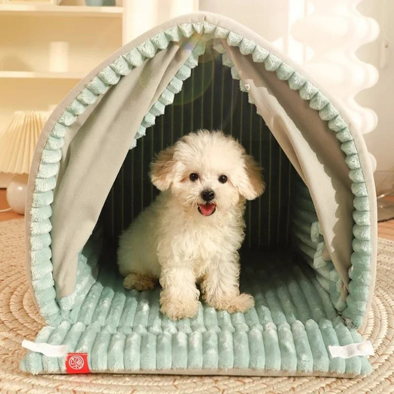 Pet Bed with Curtains Enclosed Basket Polyester Dog Bed Cat Bed Resting Place Comfort Cozy Pets | Sansoti