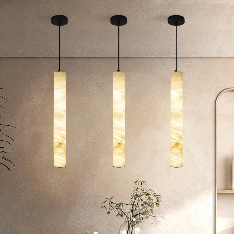 Suspension cylindrique en pierre naturelle, lumière LED chaude, salle à manger, îlot de cuisine, chambre, acier, style scandinave | Sansoti