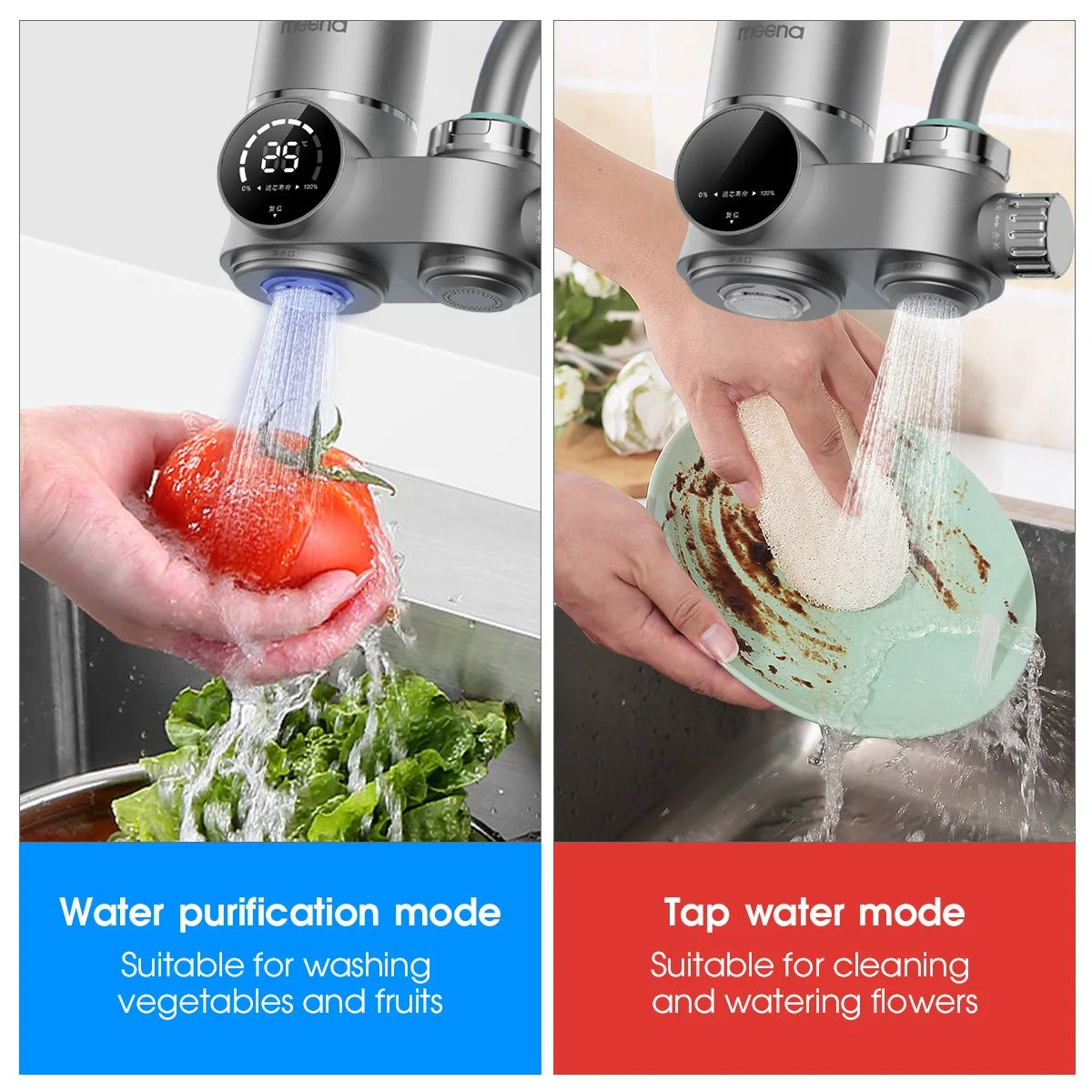 Wasserhahnfilter mit LED-Temperaturanzeige aus ABS und Edelstahl, zwei Modi, Wasseraufbereitung für die Küchenarmatur | Sansoti