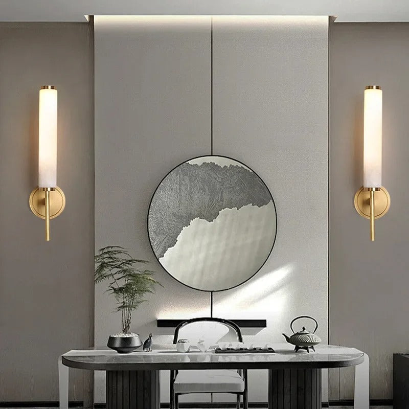 Applique murale cylindrique en marbre albâtre moderne noir et or LED 48cm pour hall, chambre et salon - éclairage d’ambiance | Sansoti