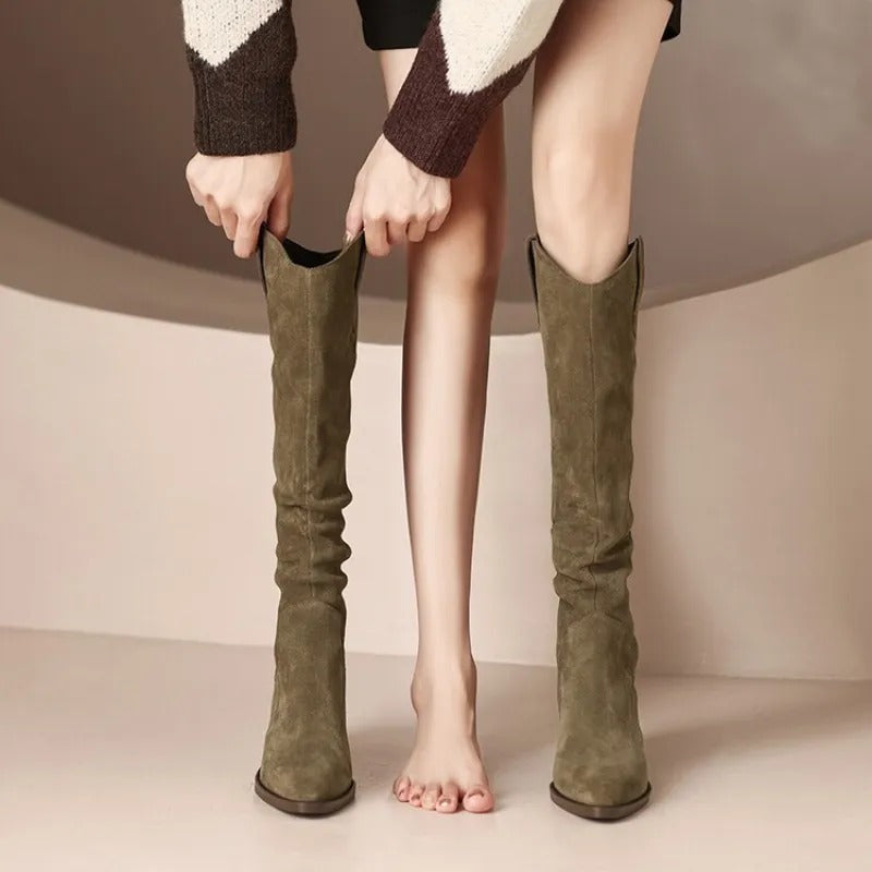 Kniehoge Dames Rijlaarzen Vierkante Hak Spitse Neus Zwart Beige Winterschoeisel Elegante Laars Comfortabel | Sansoti