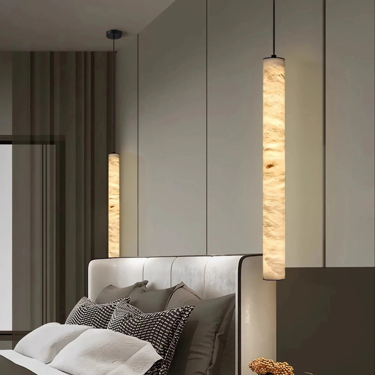 Suspension cylindrique en pierre naturelle, lumière LED chaude, salle à manger, îlot de cuisine, chambre, acier, style scandinave | Sansoti