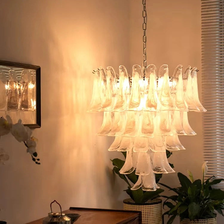 Glas-Kronleuchter im Blütenblätter-Design, dimmbare LED-Beleuchtung, Flur, Wohnzimmer, Esszimmer, Gold, Chrom, Pendelleuchte | Sansoti