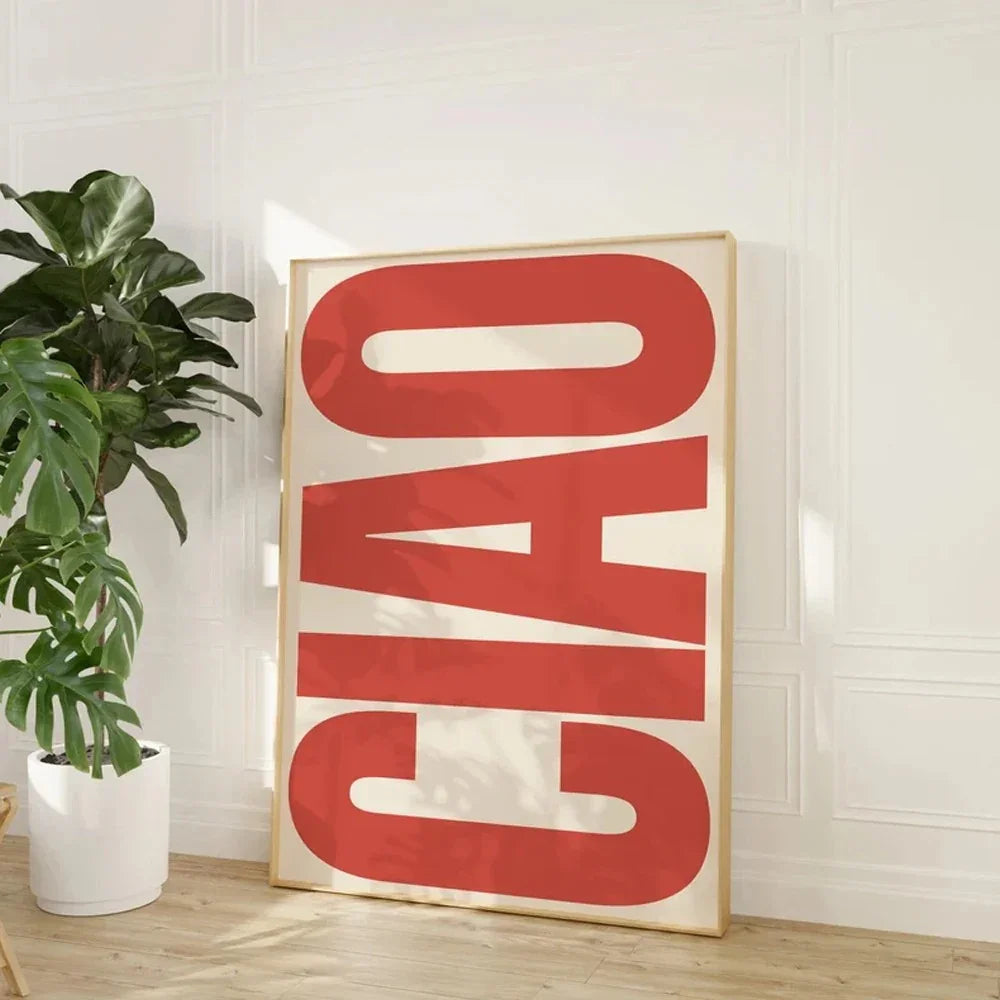 Canvas Wandposter met Ciao Quote Zwart Wit Beige Roze Scandinavisch Minimalistisch Design Woonkamer Wanddecoratie | Sansoti