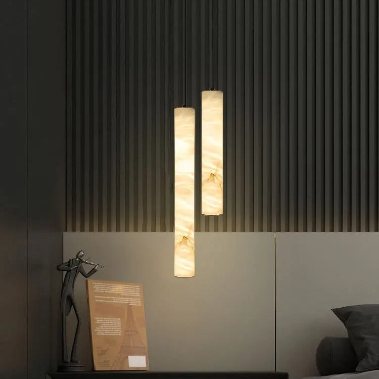 Suspension cylindrique en pierre naturelle, lumière LED chaude, salle à manger, îlot de cuisine, chambre, acier, style scandinave | Sansoti