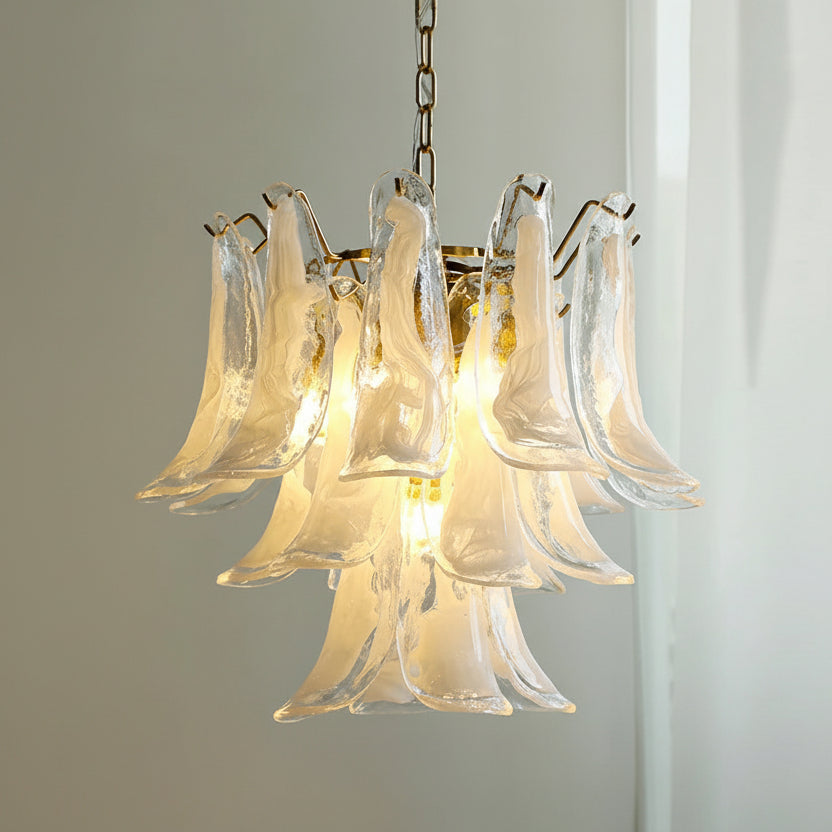 Glas-Kronleuchter im Blütenblätter-Design, dimmbare LED-Beleuchtung, Flur, Wohnzimmer, Esszimmer, Gold, Chrom, Pendelleuchte | Sansoti