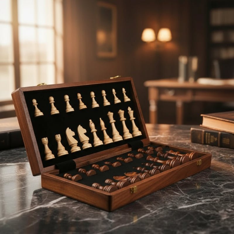 Foldable Chess Set Made of Solid Wood with Storage Compartment and Weighted Chess Pieces for Home, On the Go, and Travel | Sansoti