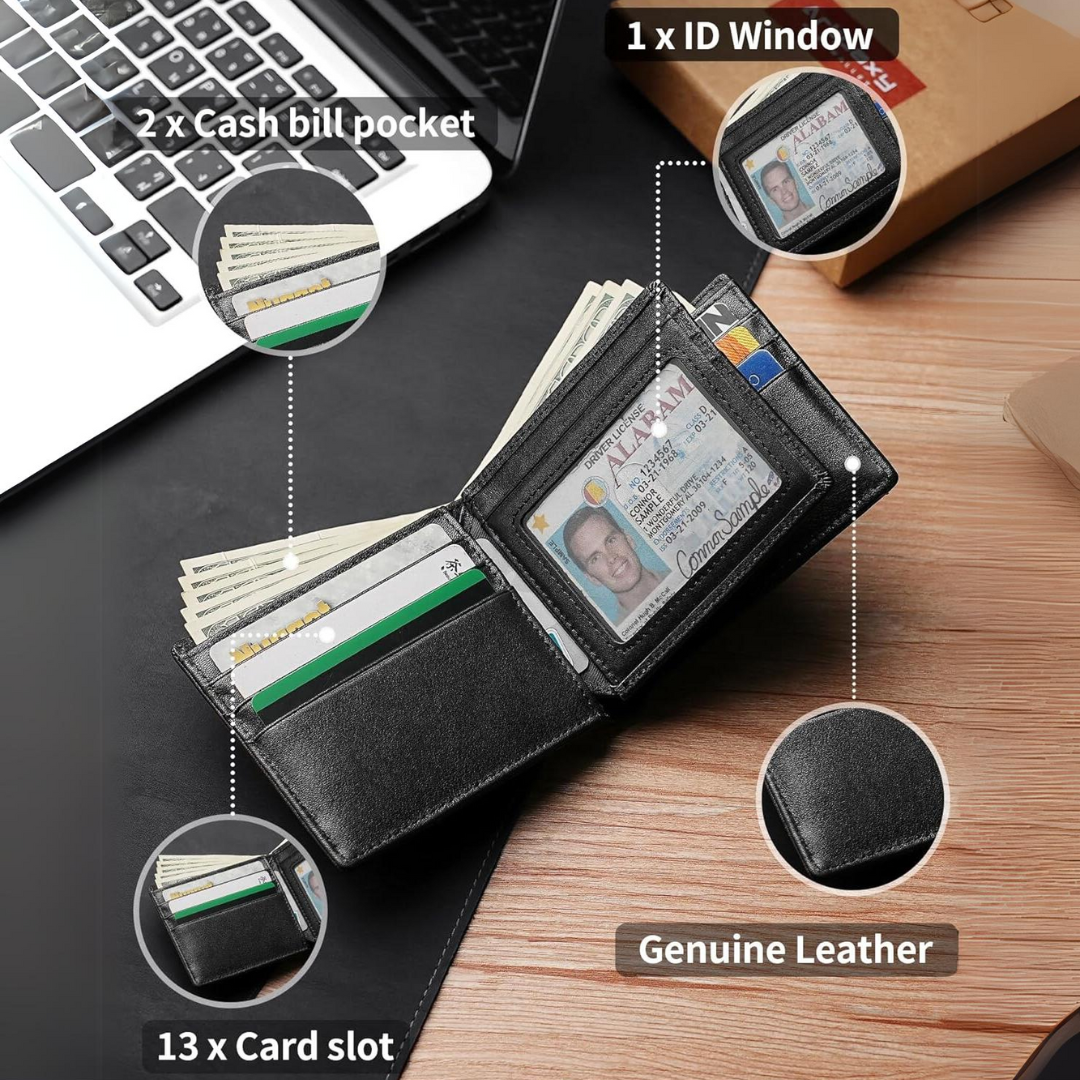 Leren Bifold Portemonnee met RFID Bescherming voor Heren – Compacte Uitvoering 13 Kaartsleuven Veilig Betalen | Sansoti