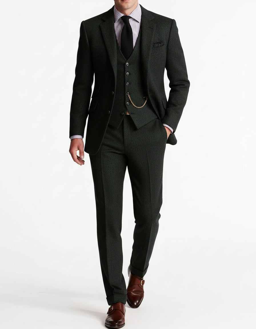 Driedelig Tweed Herenkostuum met Gilet Bruin Groen Blauw Formele Gelegenheden Bruiloft Elegant Klassiek | Sansoti