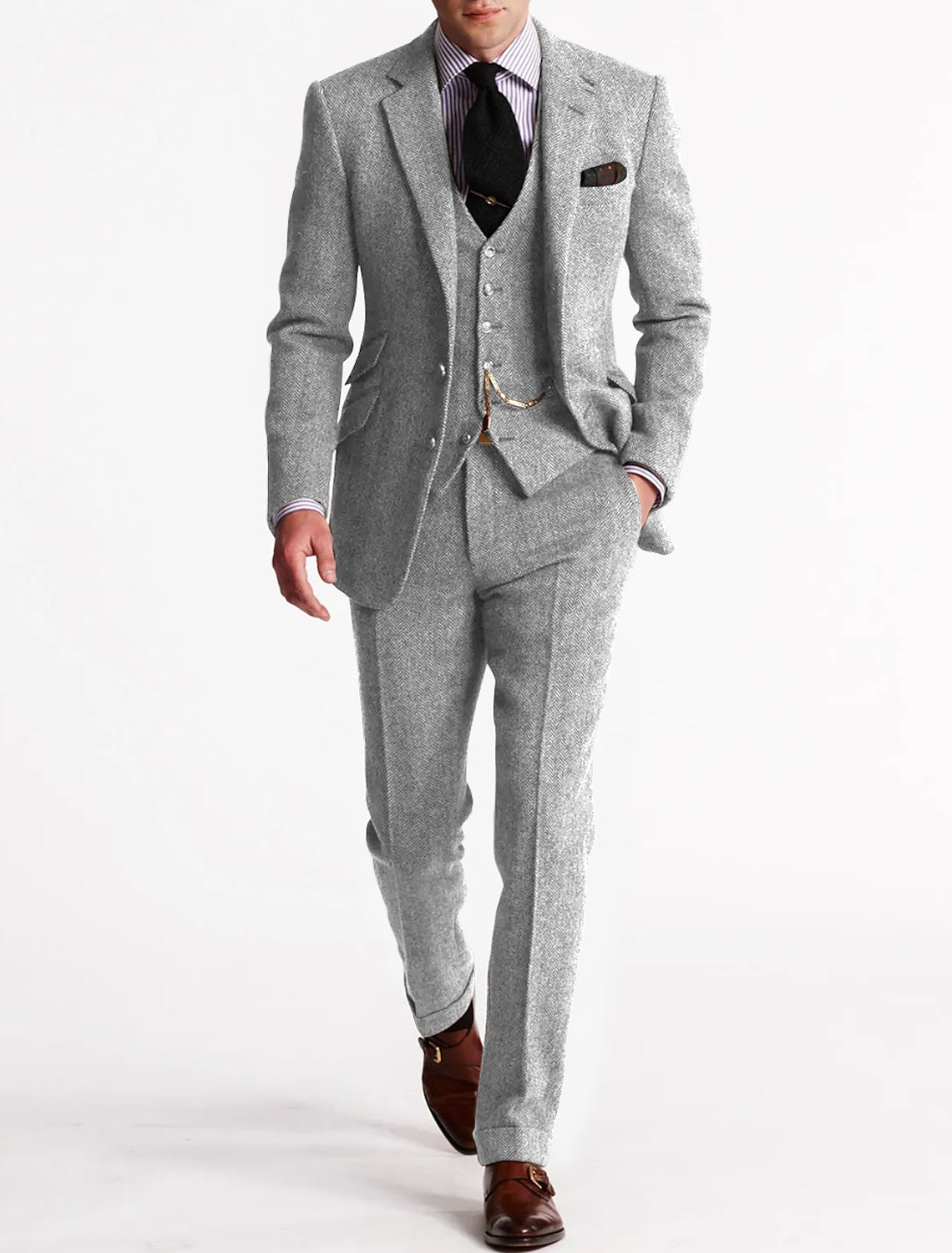 Driedelig Tweed Herenkostuum met Gilet Bruin Groen Blauw Formele Gelegenheden Bruiloft Elegant Klassiek | Sansoti