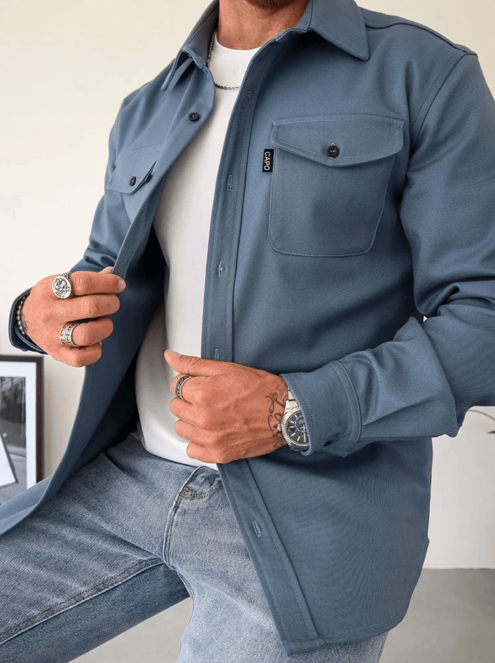 Men's Jacket Overshirt Slim Fit Chest Pockets Beige Blue Gray Black Versatile Casual Elegant Stylish Top | Sansoti