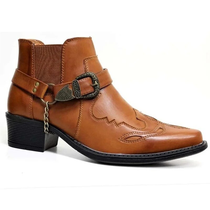 Stylish Men's Boots with Chain, Western Biker Style, Black Brown Yellow, Pointed Toe, Leather, Elastic, Comfortable | Sansoti