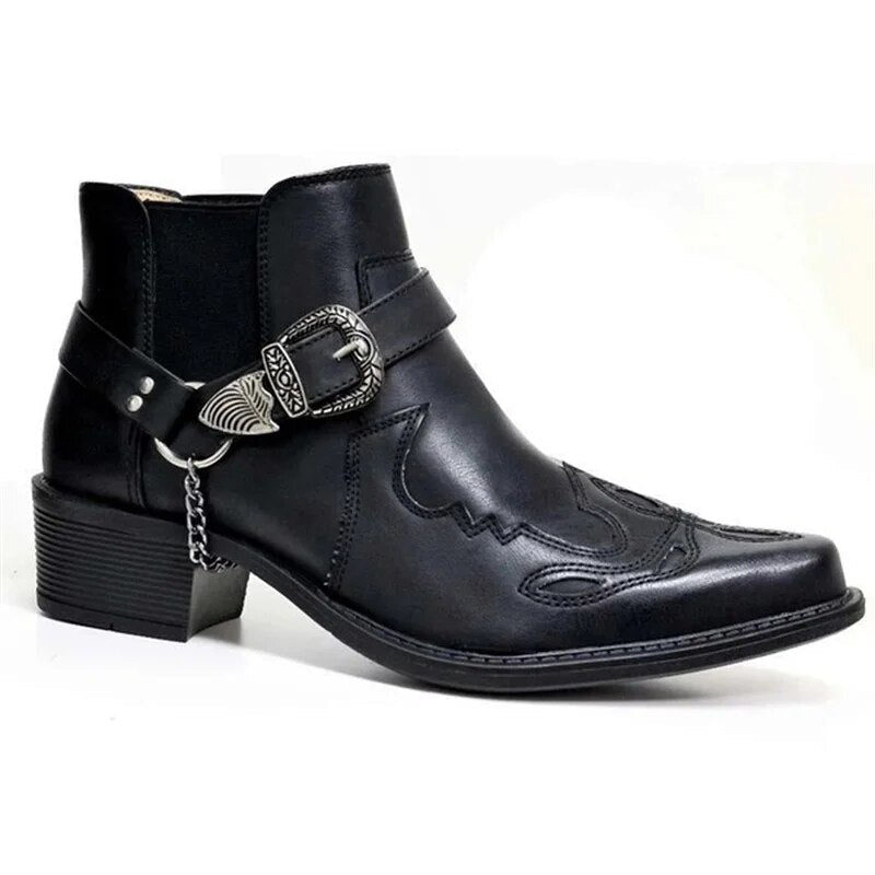 Stylish Men's Boots with Chain, Western Biker Style, Black Brown Yellow, Pointed Toe, Leather, Elastic, Comfortable | Sansoti