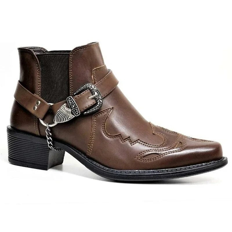 Stylish Men's Boots with Chain, Western Biker Style, Black Brown Yellow, Pointed Toe, Leather, Elastic, Comfortable | Sansoti