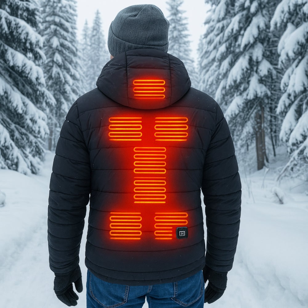 Heated Winter Jacket for Men and Women Adjustable Temperature Hooded Quilted Black Outdoor Winter Clothing | Sansoti