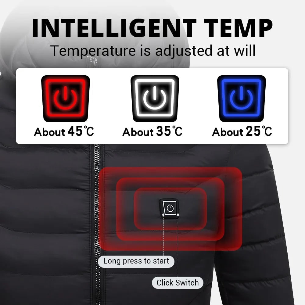 Heated Winter Jacket for Men and Women Adjustable Temperature Hooded Quilted Black Outdoor Winter Clothing | Sansoti