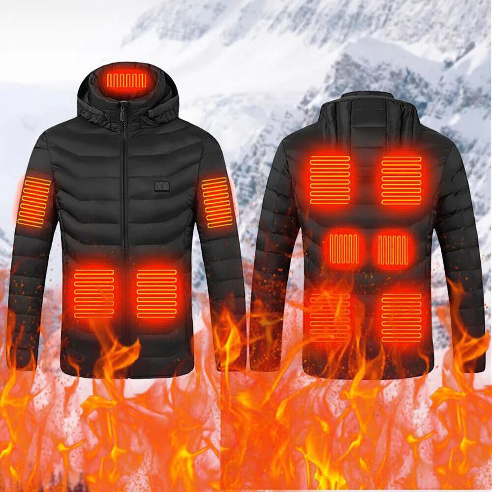 Heated Winter Jacket for Men and Women Adjustable Temperature Hooded Quilted Black Outdoor Winter Clothing | Sansoti