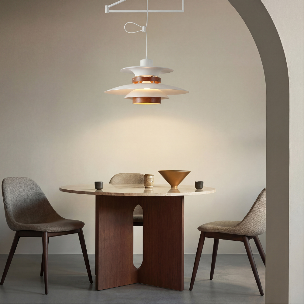 Suspension réglable à quatre points lumineux avec accents en bois naturel, métal, E27, bras pivotant, plafonnier | Sansoti