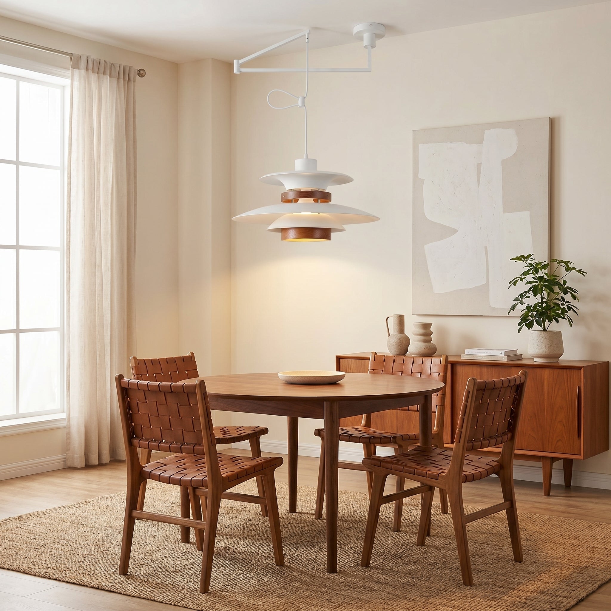 Suspension réglable à quatre points lumineux avec accents en bois naturel, métal, E27, bras pivotant, plafonnier | Sansoti