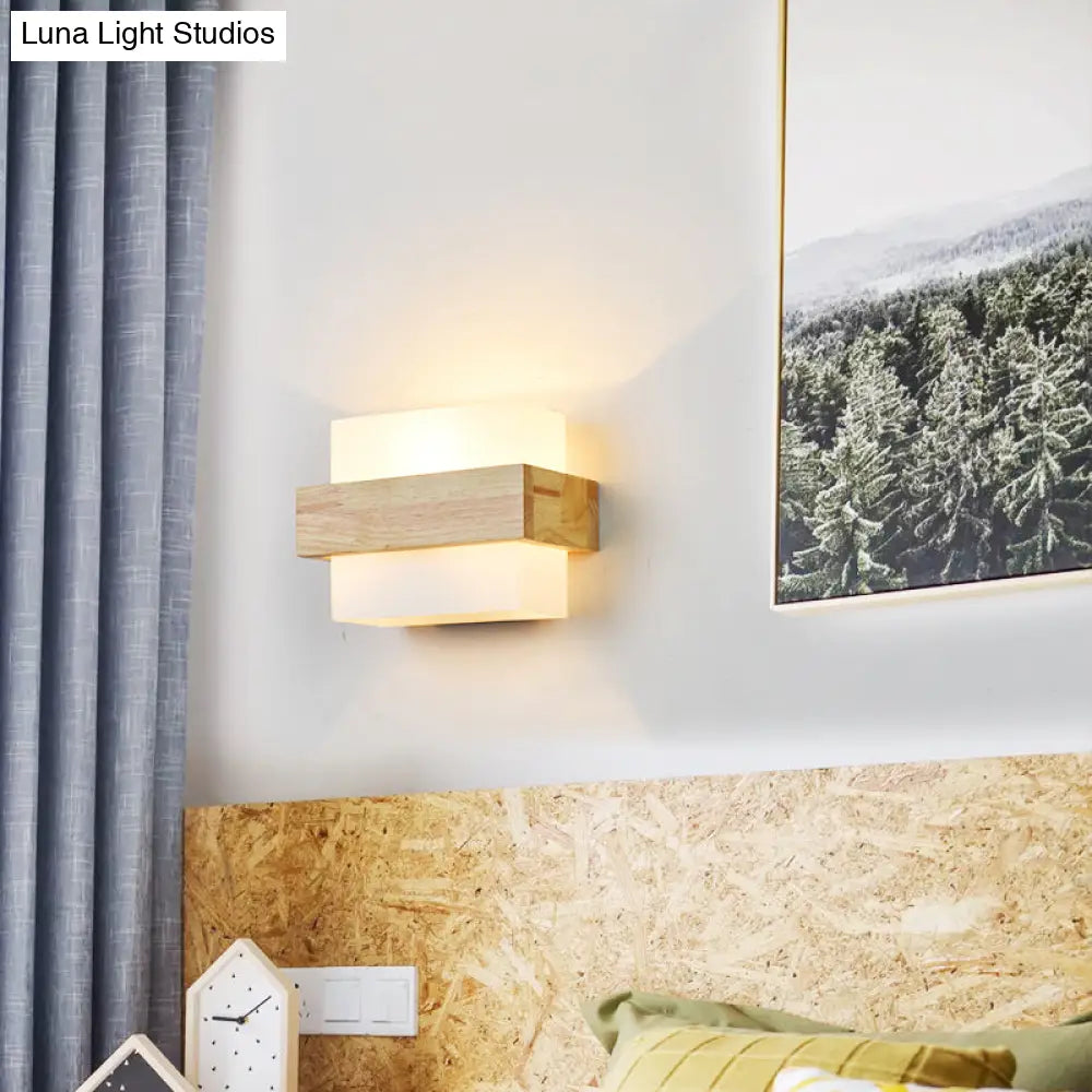 Geometric Wall Lamp Wood Cream Glass Staircase Hallway Modern Minimalist Design E26 E27 Socket Bedroom | Sansoti