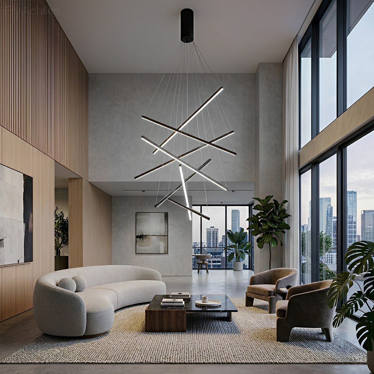 Layered Black LED Pendant Light, Dimmable with Remote Control, Geometric Staircase Design for Living Room | Sansoti