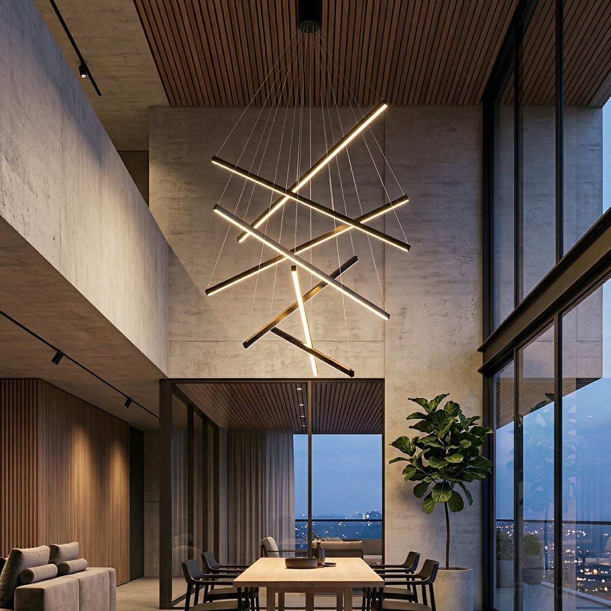 Layered Black LED Pendant Light, Dimmable with Remote Control, Geometric Staircase Design for Living Room | Sansoti