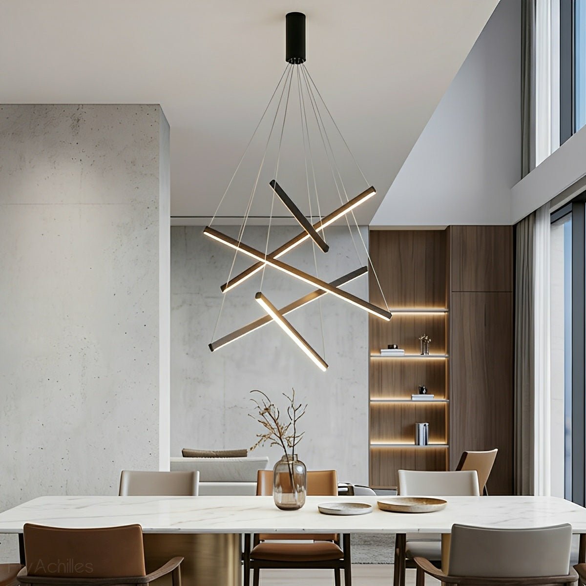 Layered Black LED Pendant Light, Dimmable with Remote Control, Geometric Staircase Design for Living Room | Sansoti