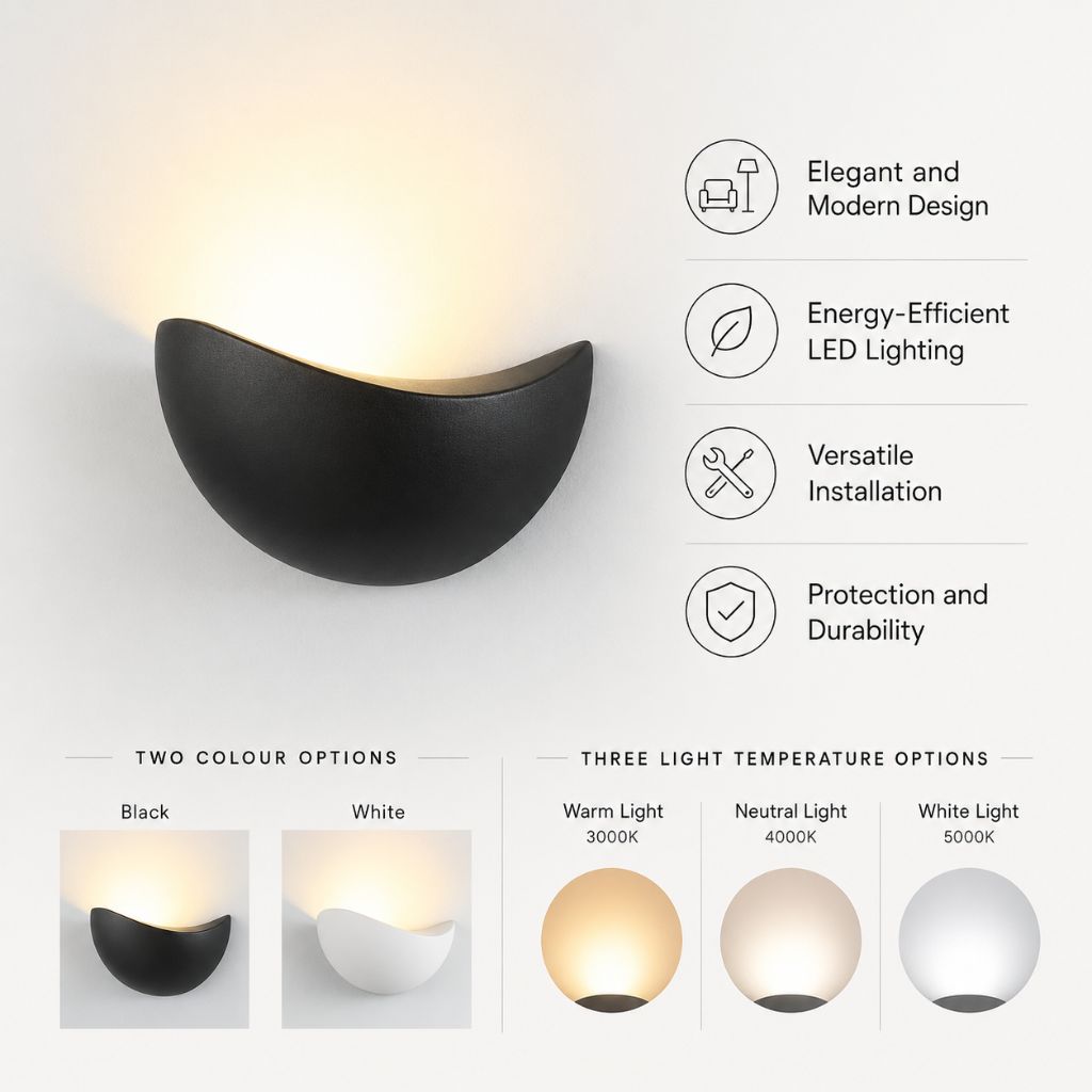 Halbrunde LED-Wandleuchte aus Aluminium, 20 cm, warmweißes bis neutralweißes Licht für Schlafzimmer, Wohnzimmer und Flur, wasserdicht nach IP65 | Sansoti