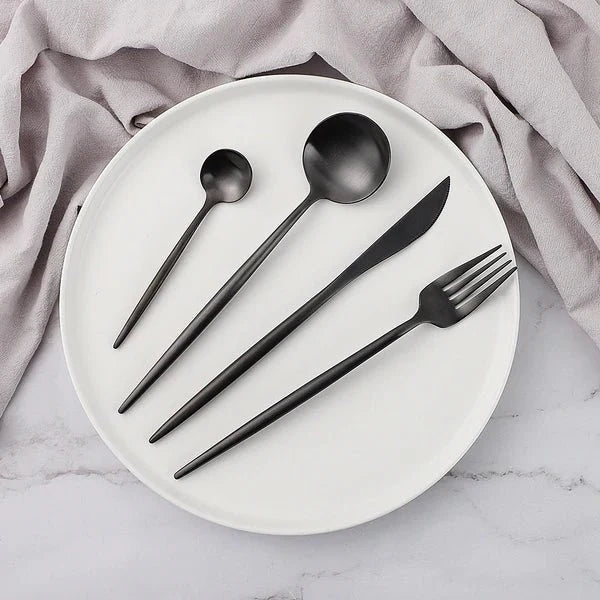 Modern Bestekset 24-Delig Titanium RVS Goud Roségoud Zwart Zwart-Goud Tafelvork Tafelmes Theelepel Eetlepel Glanzende Afwerking | Sansoti