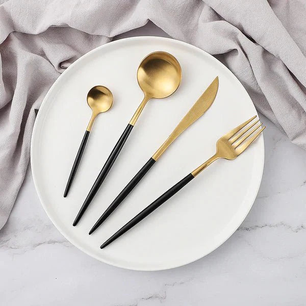 Modern Bestekset 24-Delig Titanium RVS Goud Roségoud Zwart Zwart-Goud Tafelvork Tafelmes Theelepel Eetlepel Glanzende Afwerking | Sansoti