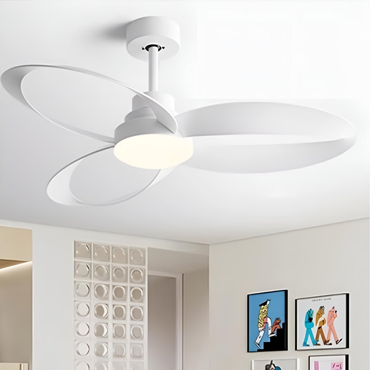 Geometric Ceiling Fan with Light, 6 Speeds, Reversible DC Motor, Minimalist Design, Living Room | Sansoti