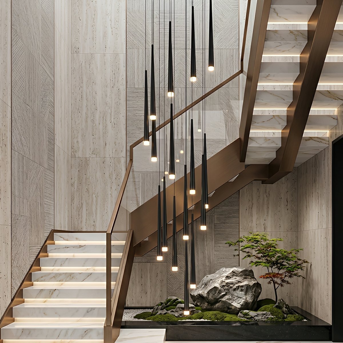 Suspension LED verticale pour escalier, lustre au design moderne en fer et acrylique, noir et or, à intensité variable, salon et salle à manger | Sansoti