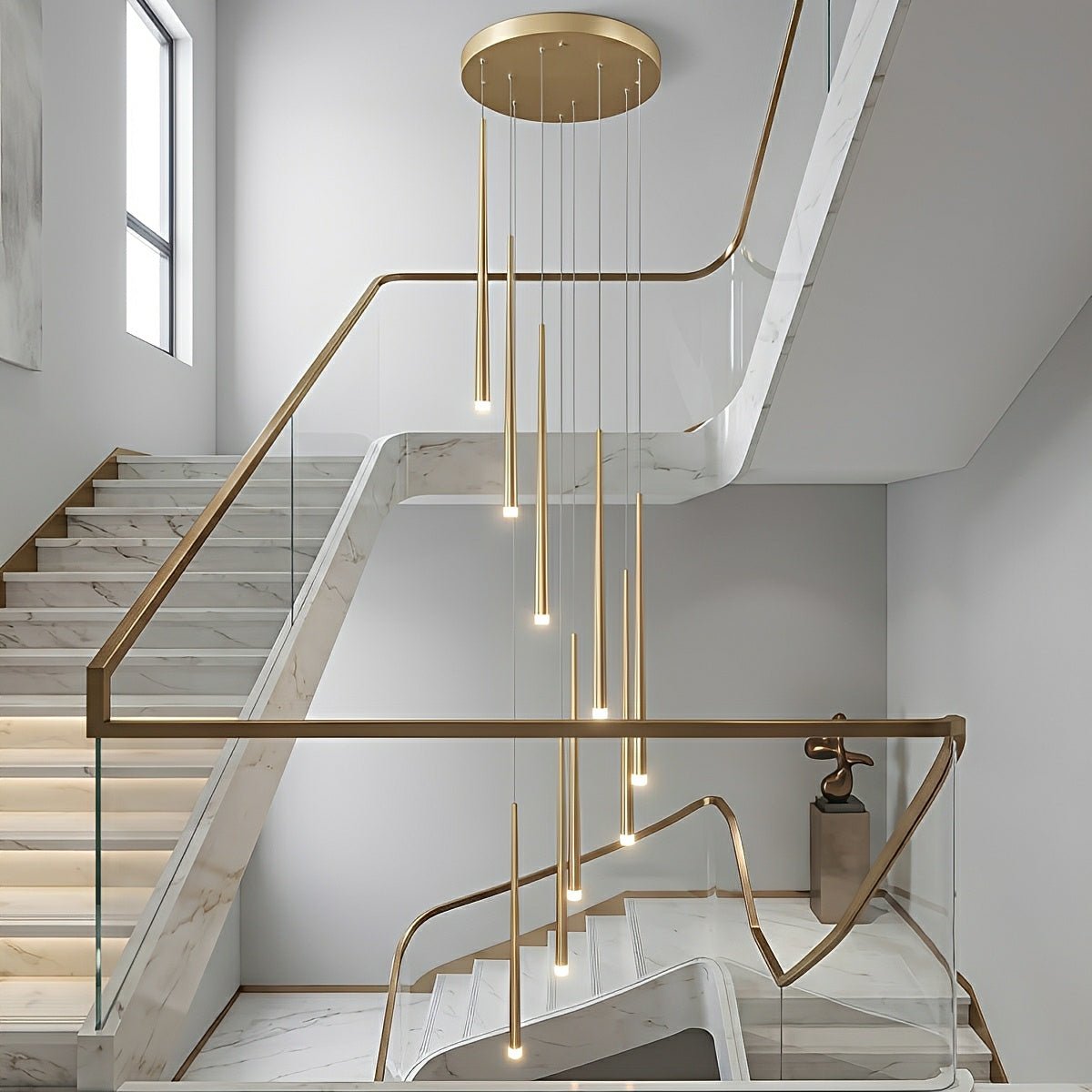 Suspension LED verticale pour escalier, lustre au design moderne en fer et acrylique, noir et or, à intensité variable, salon et salle à manger | Sansoti