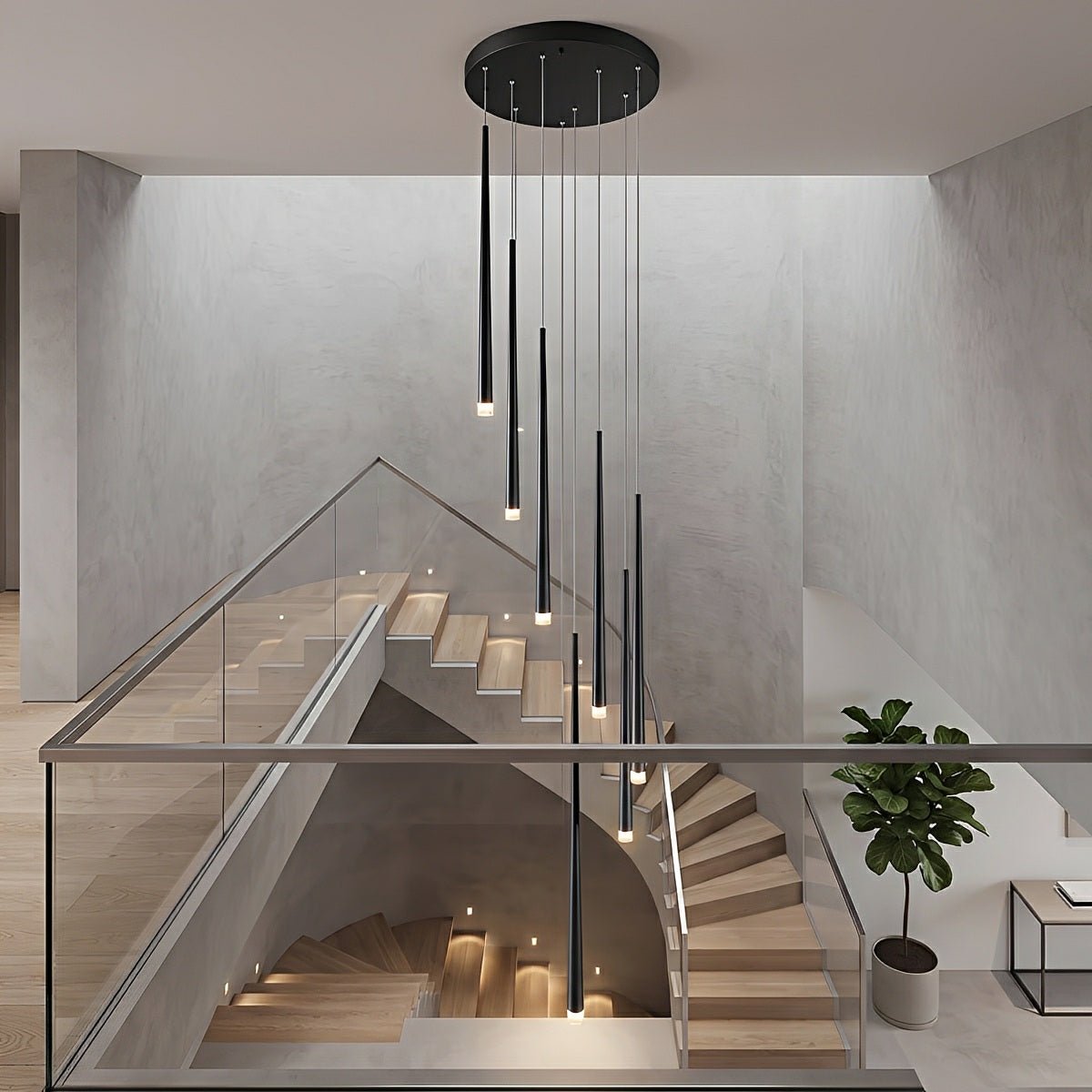 Suspension LED verticale pour escalier, lustre au design moderne en fer et acrylique, noir et or, à intensité variable, salon et salle à manger | Sansoti