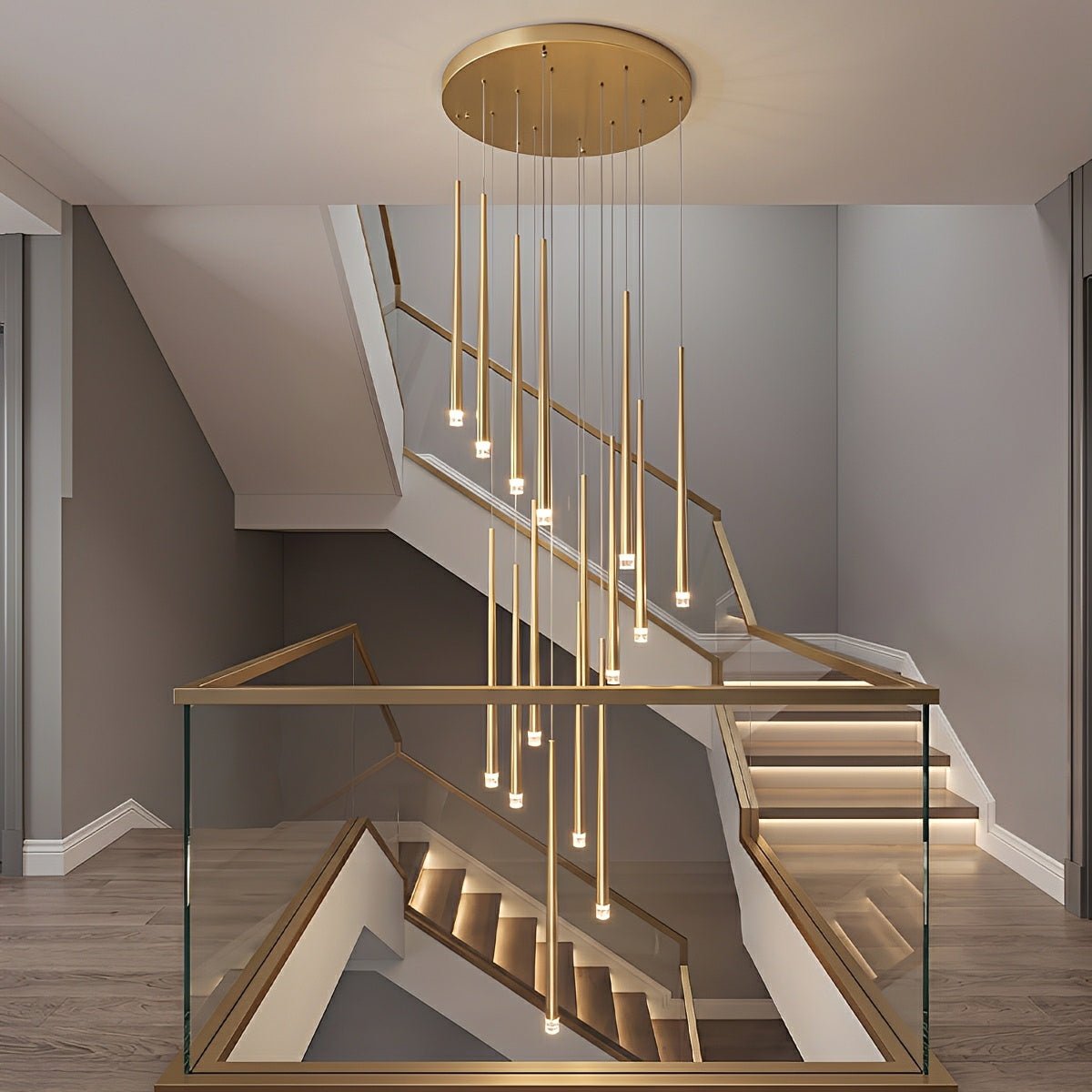 Suspension LED verticale pour escalier, lustre au design moderne en fer et acrylique, noir et or, à intensité variable, salon et salle à manger | Sansoti