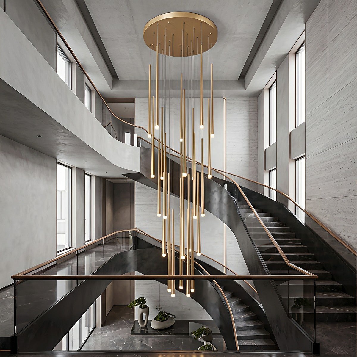 Suspension LED verticale pour escalier, lustre au design moderne en fer et acrylique, noir et or, à intensité variable, salon et salle à manger | Sansoti