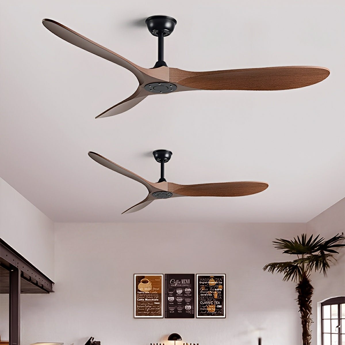 Ceiling fan DC motor 6 speeds reversible quiet minimalist white black wood 42-60 inch energy-efficient | Sansoti