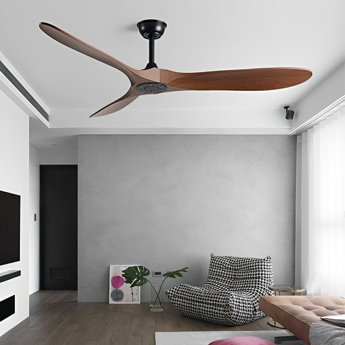 Ceiling fan DC motor 6 speeds reversible quiet minimalist white black wood 42-60 inch energy-efficient | Sansoti