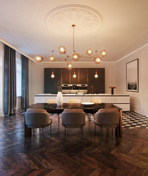 Glazen Kroonluchter met Vertakkingen Messing Zwart Amber Grijs Keuken Eetkamer Dimbaar LED Design Hanglamp | Sansoti