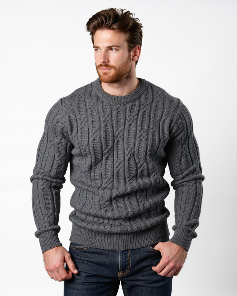 Gestrickter Herrenpullover mit Zopfmuster Rundhalsausschnitt Gerippte Bündchen Casual-Winterkleidung Strukturiert Warm | Sansoti