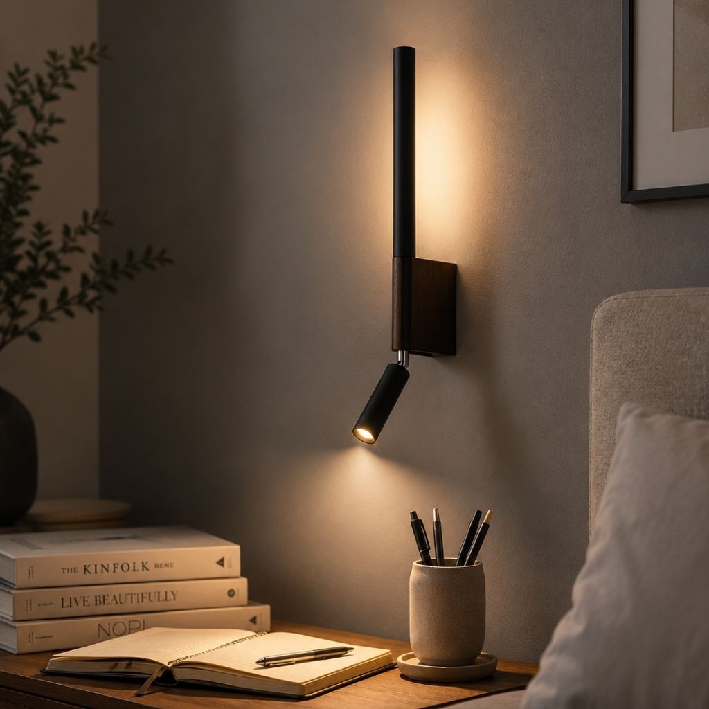 Applique murale pour chambre avec liseuse orientable à 345°, rotation, aluminium noir et blanc, lumière indirecte, éclairage moderne | Sansoti