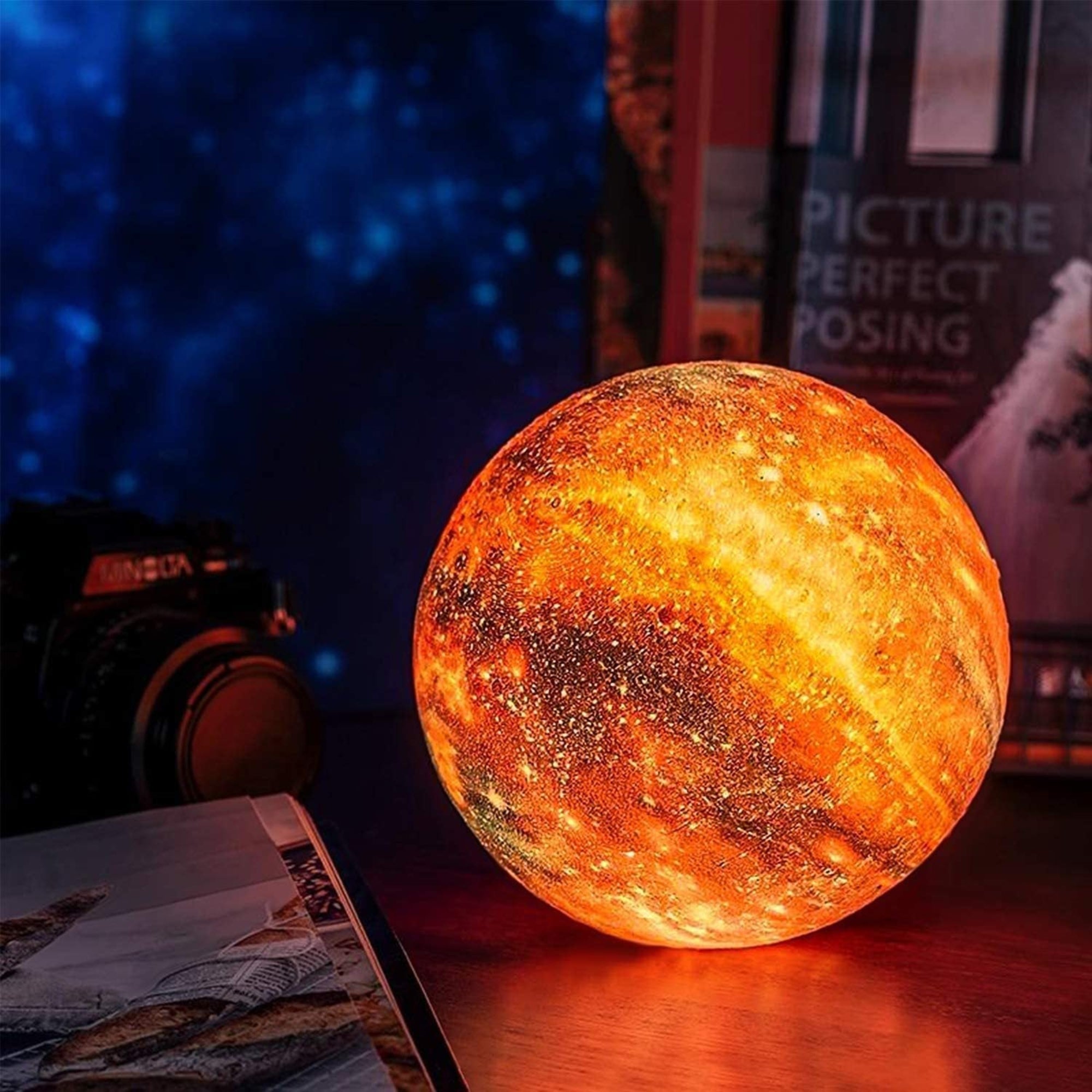 3D Galaxie Maanlamp met Houten Standaard Draadloos Dimbaar Sfeerverlichting Nachtlampje Tafelverlichting 16 Kleuren LED | Sansoti