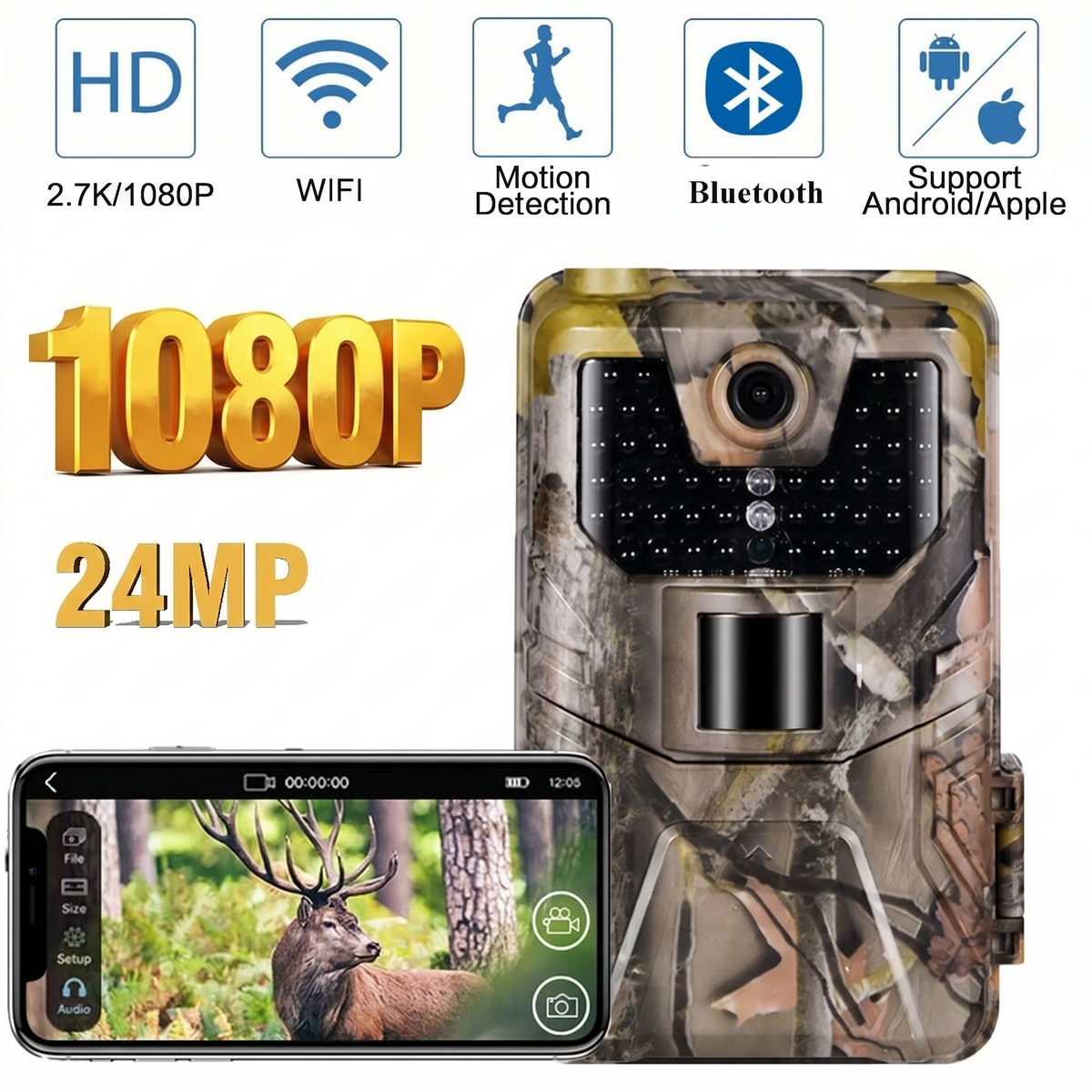 Wildcamera 1080P Infrarood Bewegingsdetectie WiFi Tuinobservatie Nachtzicht Camouflage Waterdicht Wildlifemonitoring | Sansoti