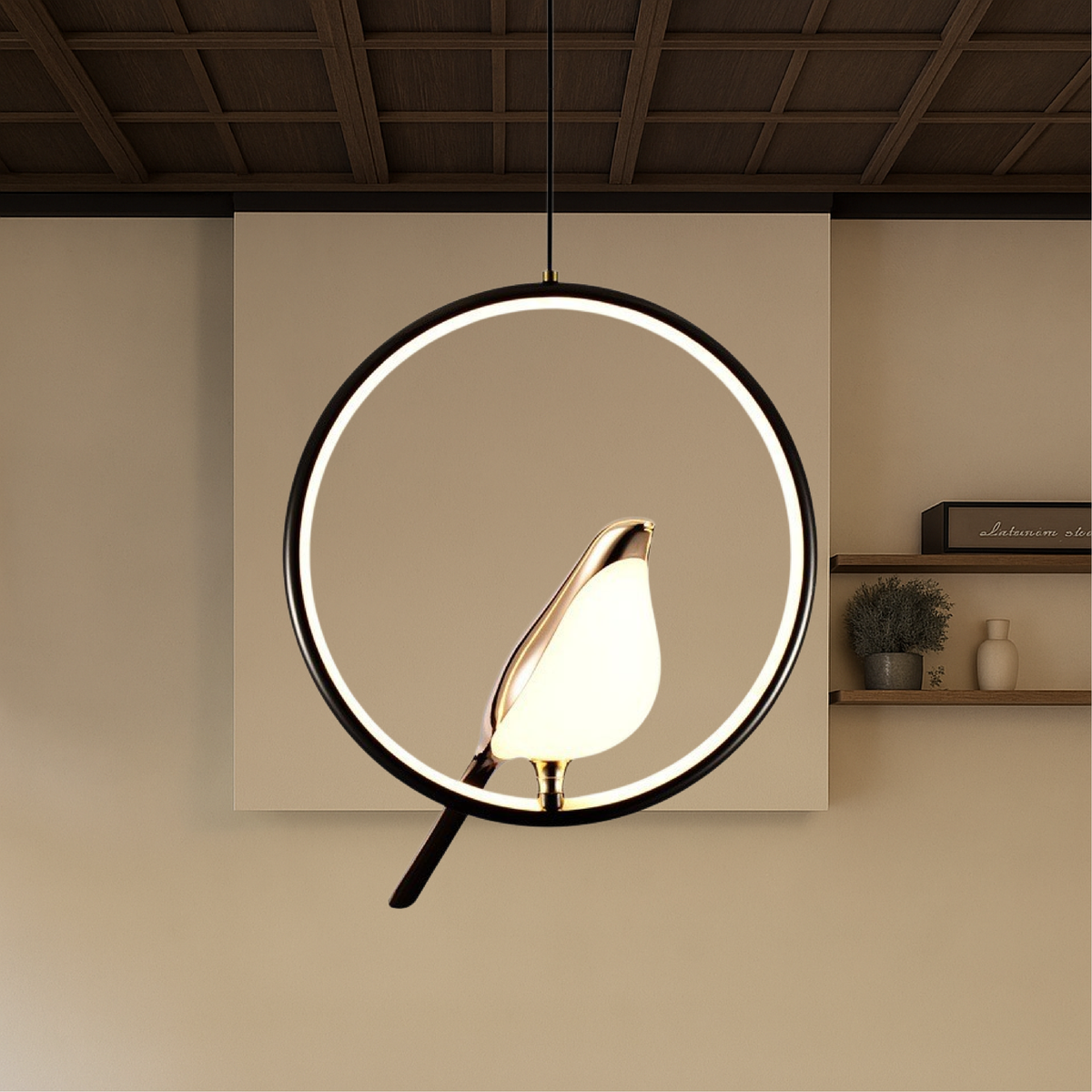 Pendelleuchte mit Vögeln auf einem Ast, Metall, LED, warmweißes Licht, 3000 K, Schwarz und Gold, für Esszimmer und Wohnzimmer, stimmungsvolle Designbeleuchtung | Sansoti