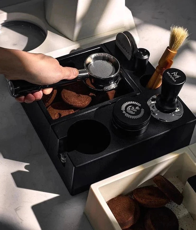 Espresso-Tampingstation mit Klopfbox für Kaffeemehl, 51–58 mm, verstellbare Barista-Arbeitsstation für die Kaffee-Ecke | Sansoti