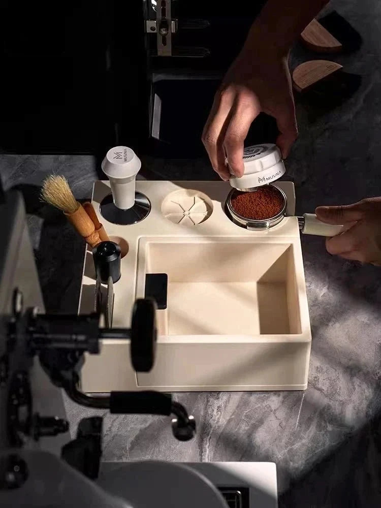 Espresso-Tampingstation mit Klopfbox für Kaffeemehl, 51–58 mm, verstellbare Barista-Arbeitsstation für die Kaffee-Ecke | Sansoti