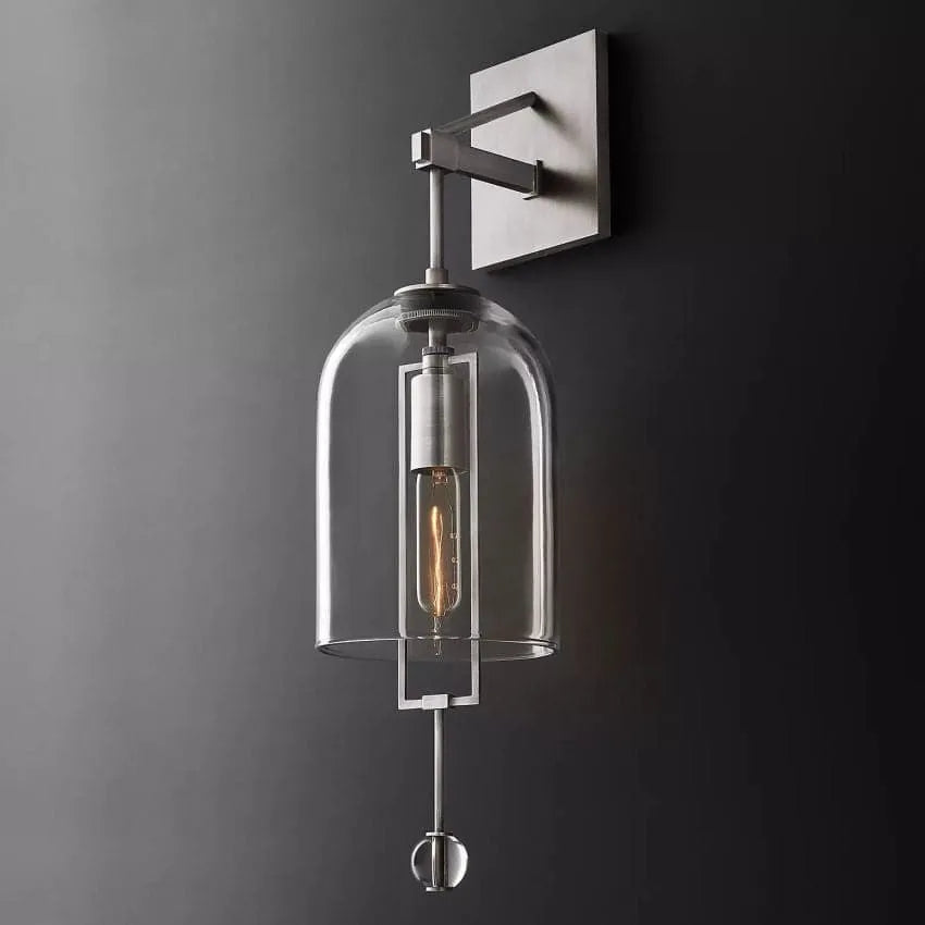 Designerski kinkiet-rzeźba ze szklaną kulą, Balance, 58 cm lub 73 cm, vintage, mosiądz, czerń lub nikiel, do salonu i sypialni | Sansoti