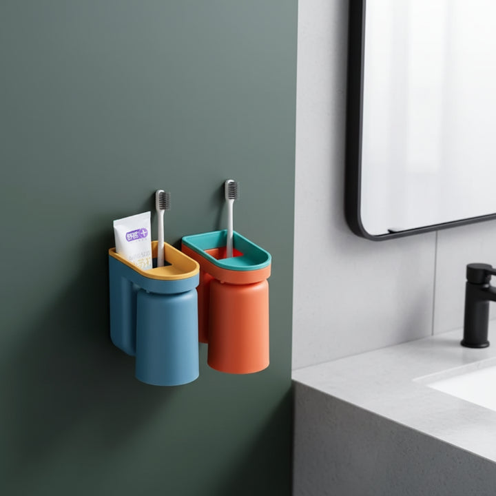 Tandenborstelhouder Wand ABS Kunststof 11.5x7x12.5cm Badkamer Zelfklevend Zonder Boren Hygiënisch Opbergen Wastafel Organizer Oranje Blauw Groen Geel | Sansoti