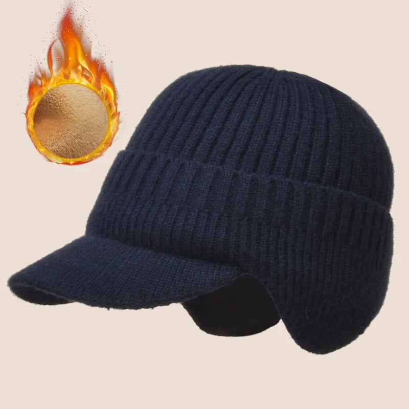 Knitted Winter Hat with Earmuffs for Men Soft Lined Interior Warm Headwear with Visor Winter | Sansoti